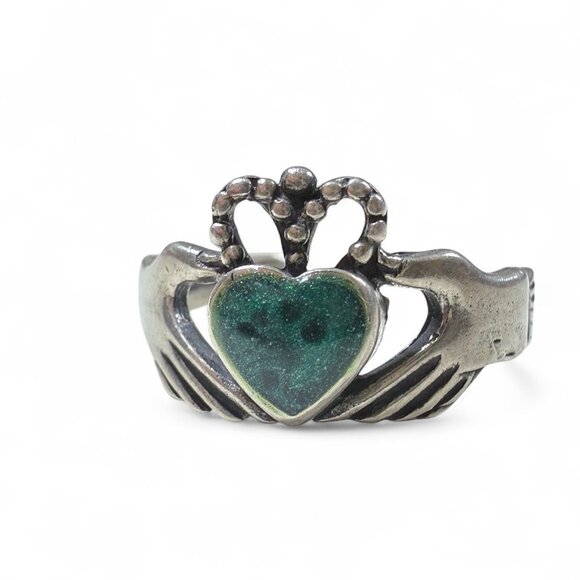 Sterling Silver .925 SV Claddagh Ring with Green Heart Stone – Size 5 Adjustable - Picture 2 of 5